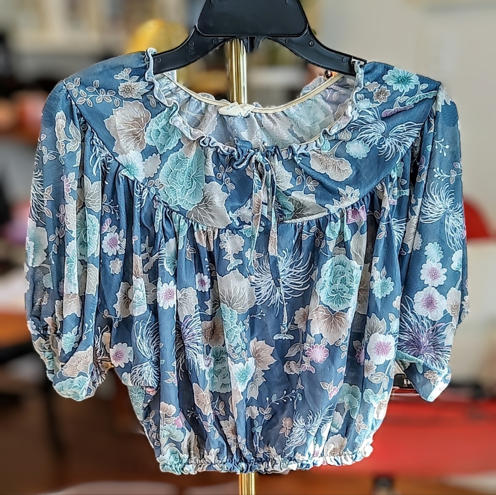 Vintage Floral Off Shoulder Crop Top Blue Brown Women's Medium
